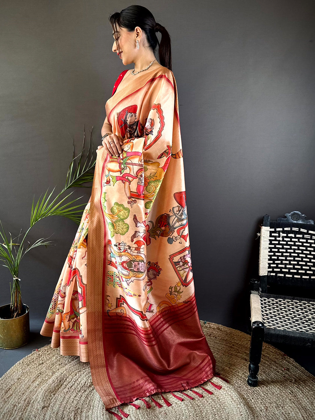 Peach Digital Kalamkari Printed Tussar Silk Saree by My Store