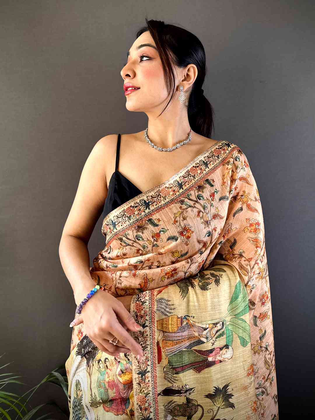 Peach Tussar Pashmina Kalamkari Saree by My Store