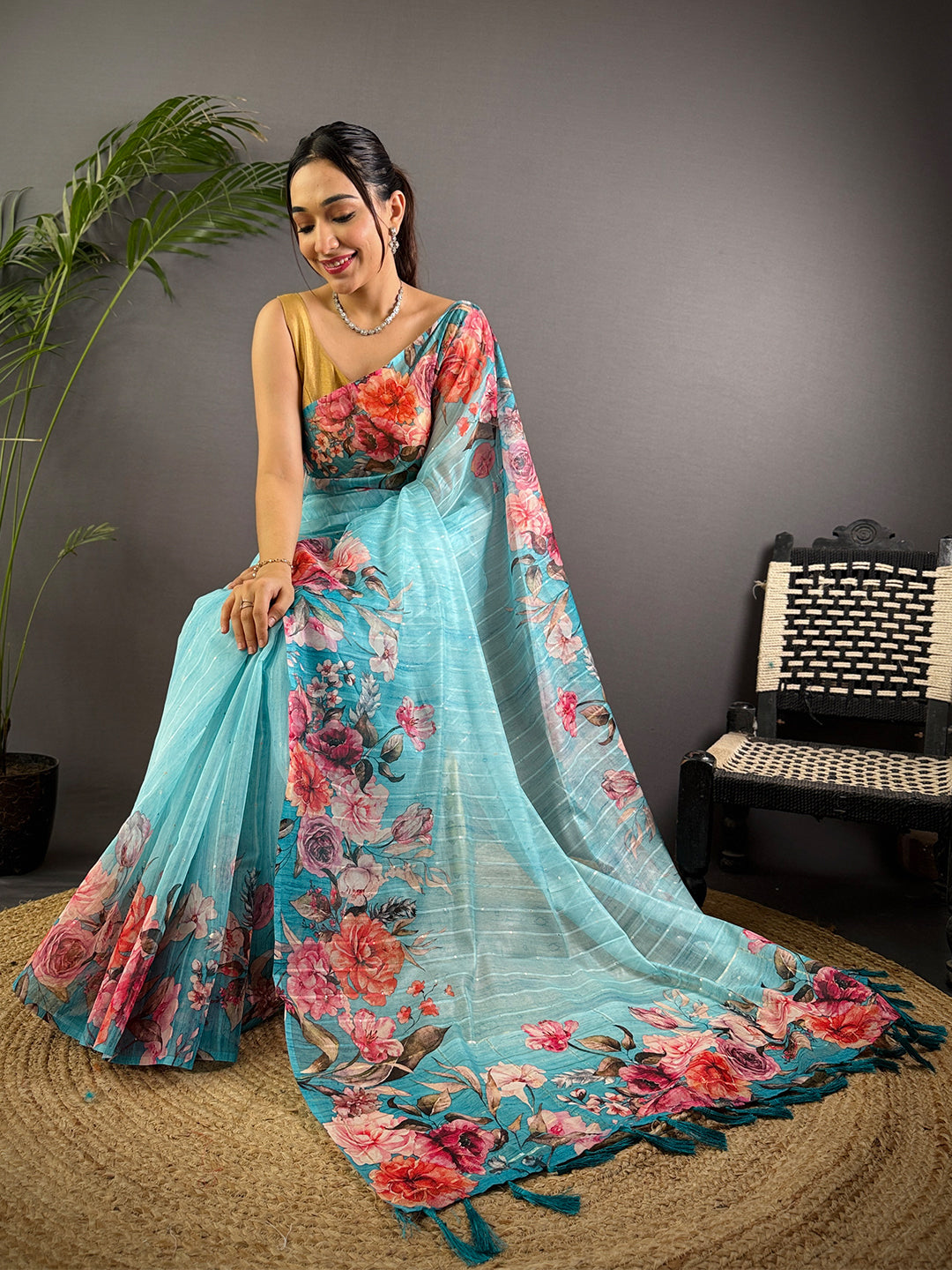 Sky Blue Soft Organza Digital Floral Saree by My Store