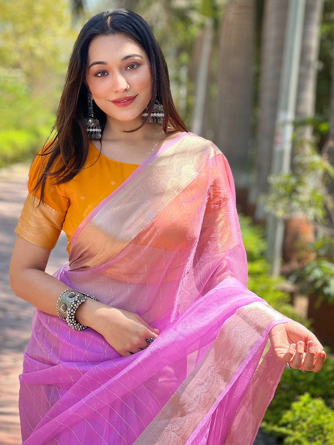 Purple Pure Viscose Organza Saree With Fine Gold Zari Weaving Border by My Store