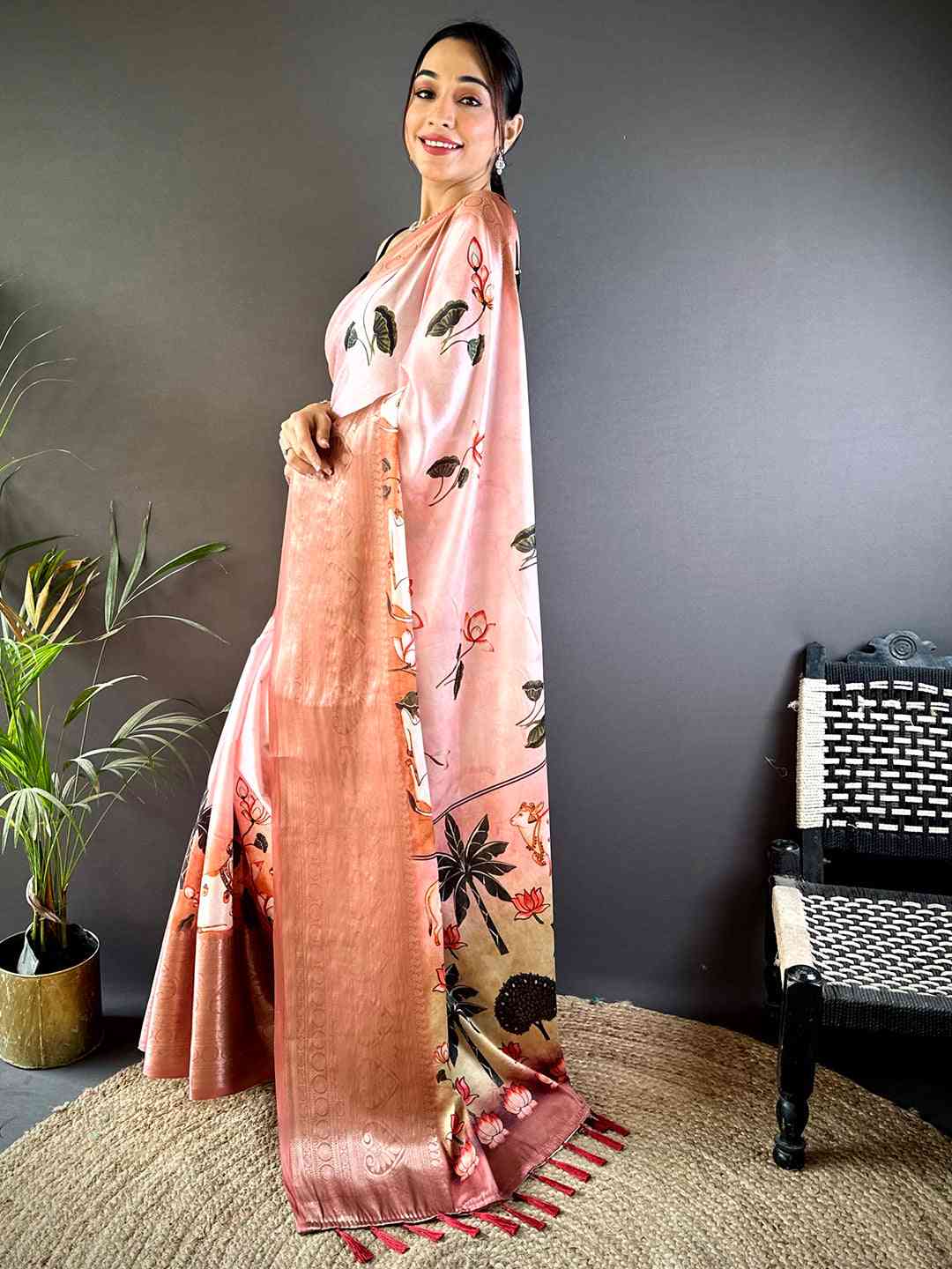 Blush Pink Pichwai Print Soft Silk Saree by My Store