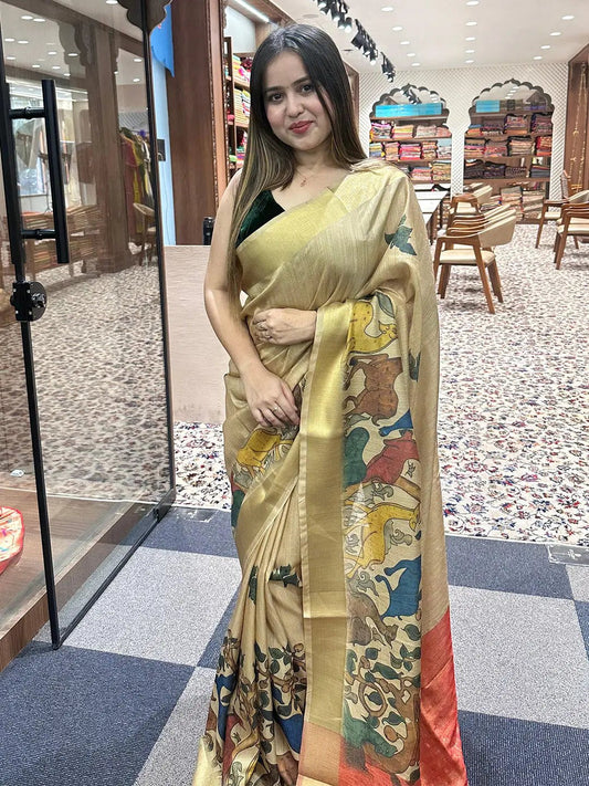 Incredible Pen Kalamkari Linen Tissue Soft Saree by My Store