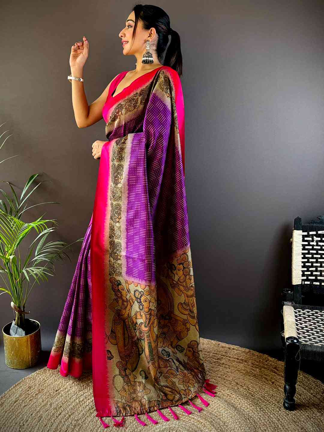 Purple Soft Silk Kalamkari Pallu Saree by My Store