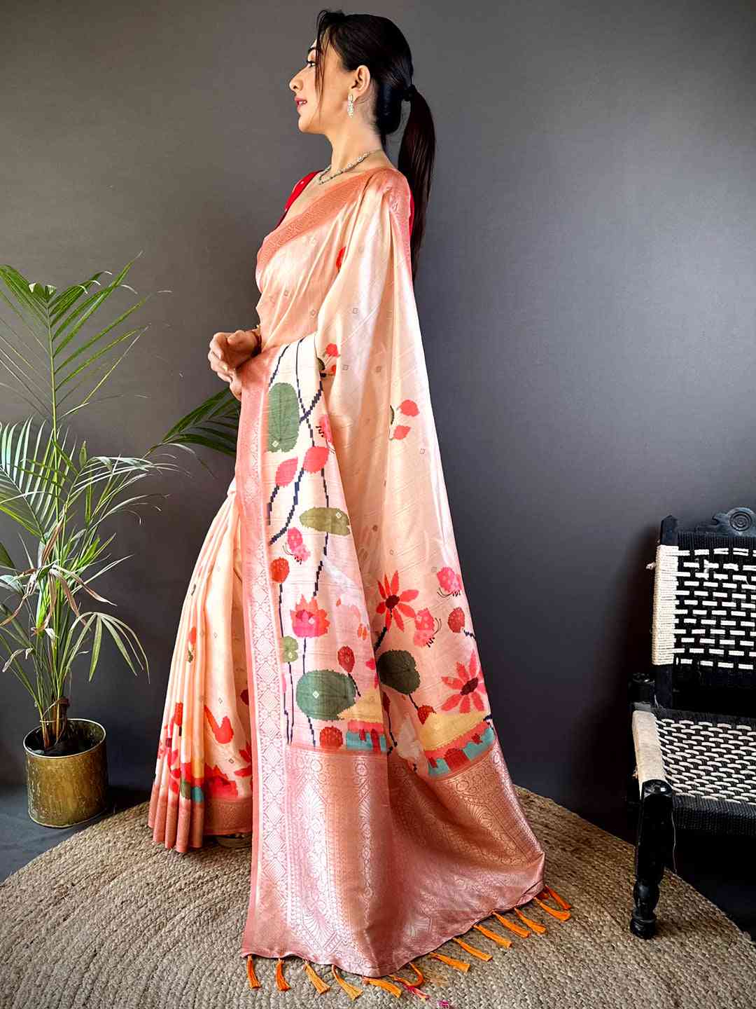 Peach Floral Gold Zari Slub Silk Saree by My Store