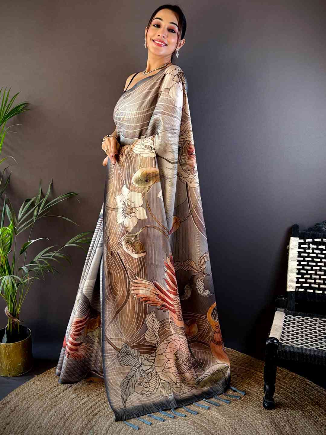 Grey Semi Zari Tussar Botanical Saree by My Store