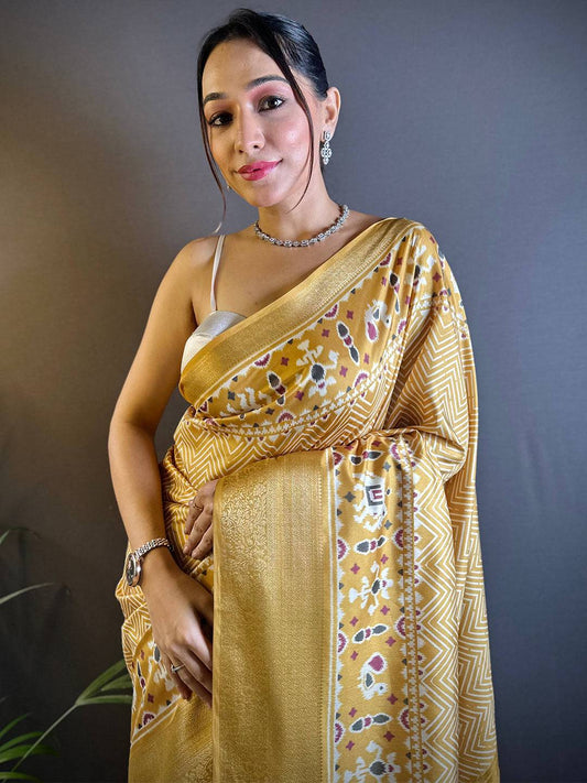 Lemon Yellow Zig Zag Kalamkari Kanchi Silk Saree by My Store