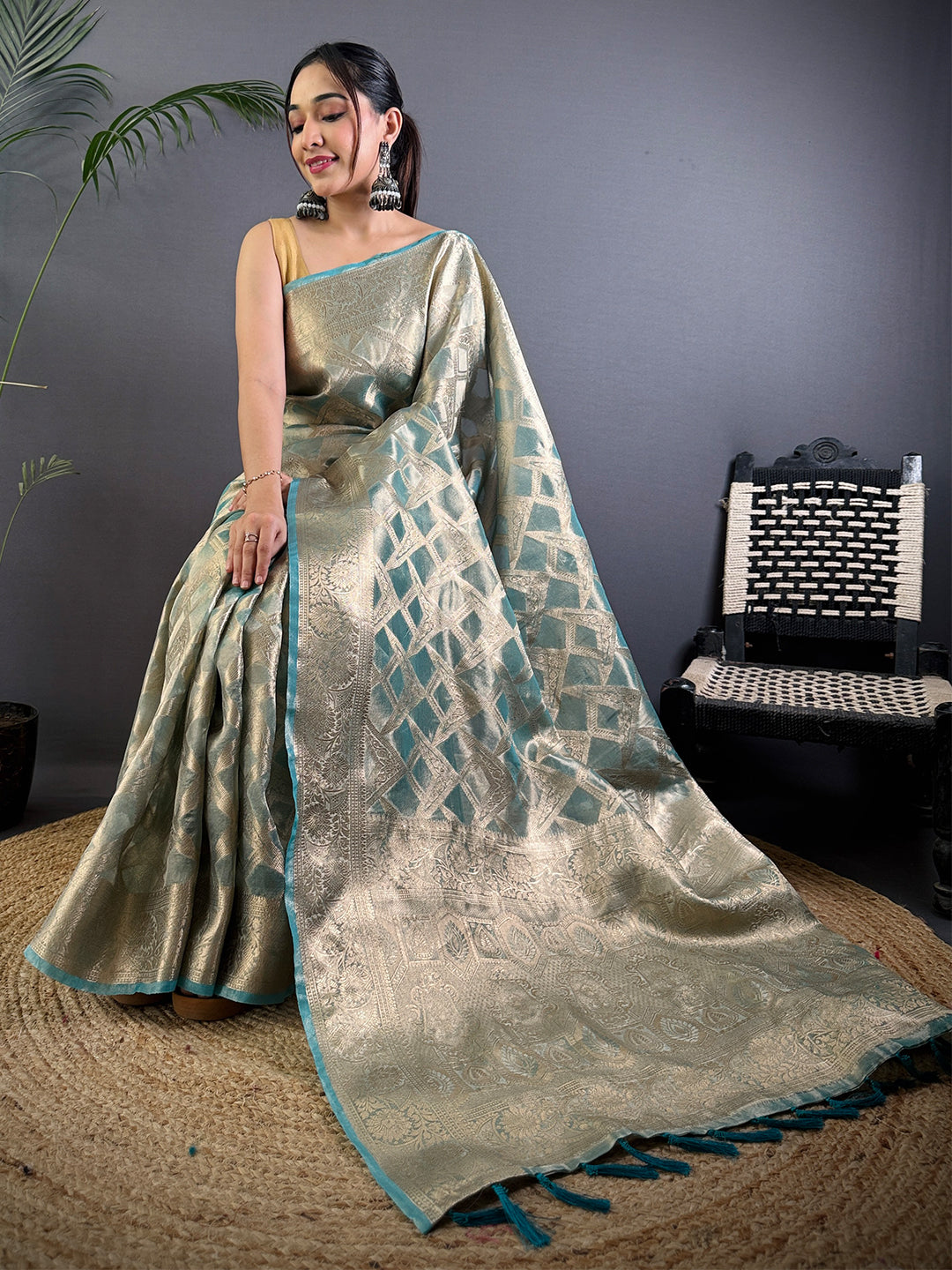 Blue Tissue Jarokha Zari Weaving Saree by My Store