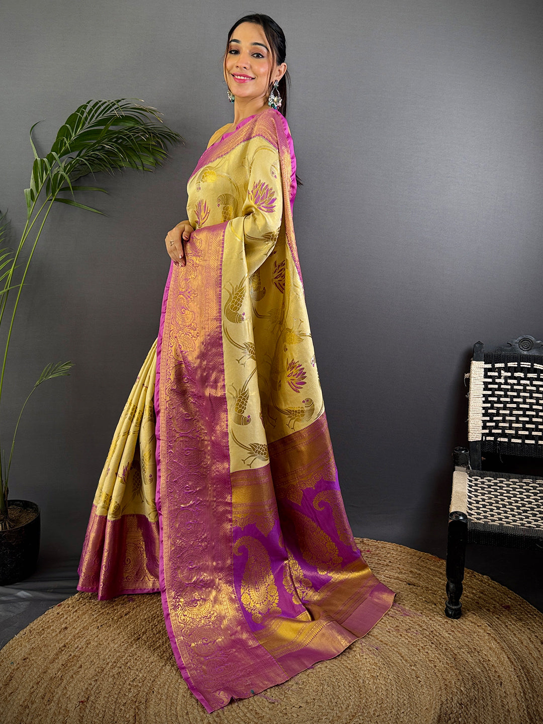 Beige Dharmavaram Gold Birds Print Saree