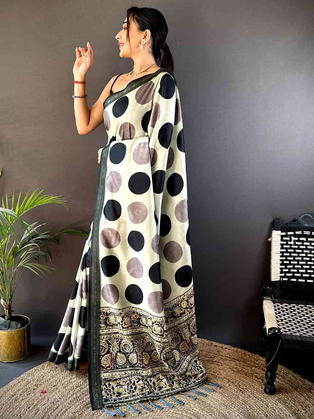 Pista Soft Silk Polka Dot Print Saree by My Store