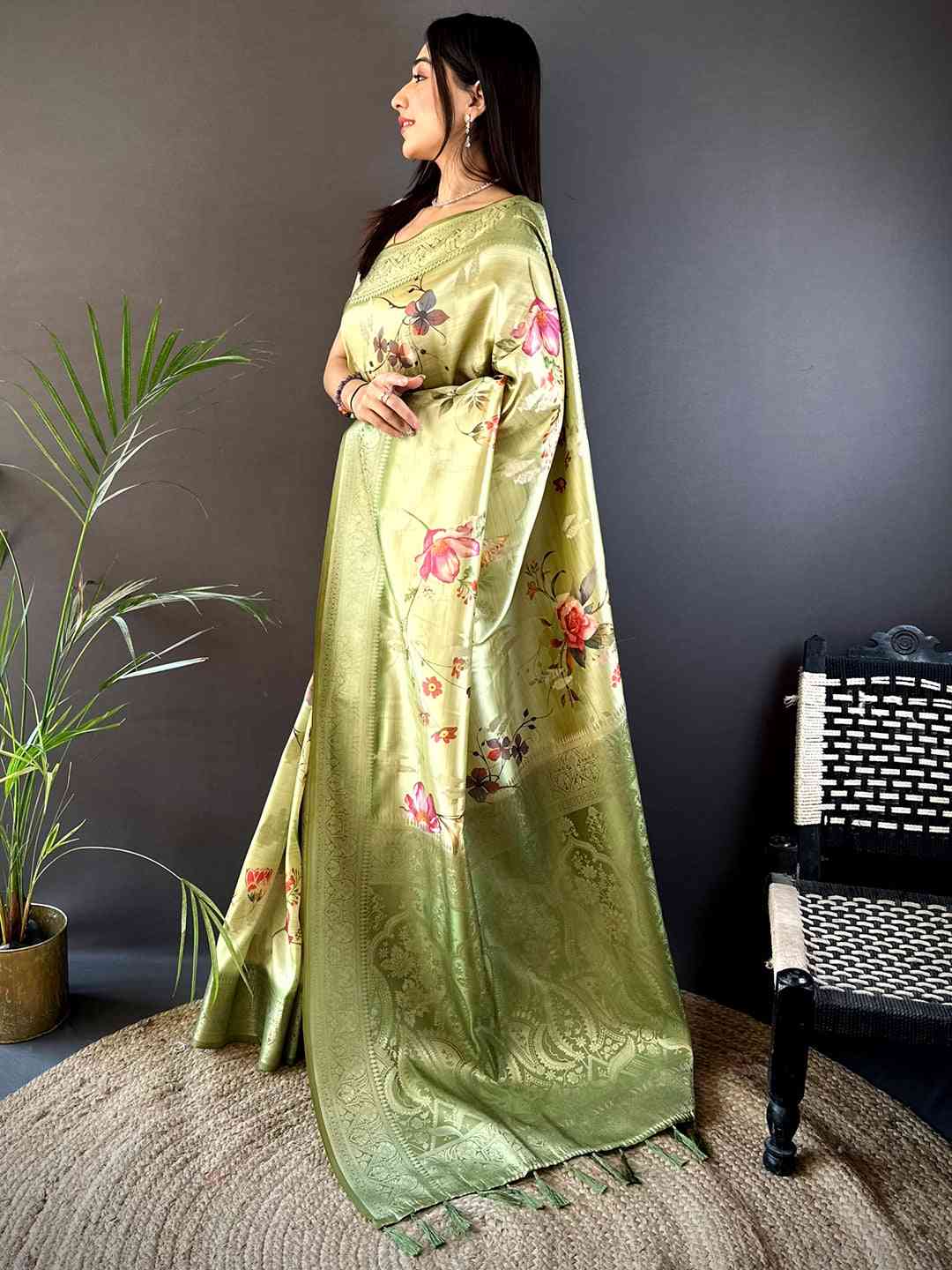 Olive Bamboo Silk Floral Saree by My Store