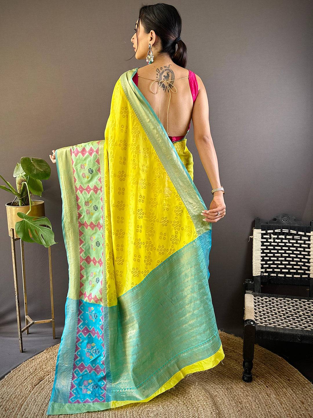 Lime Yellow Katan Silk Ikkat Saree by My Store
