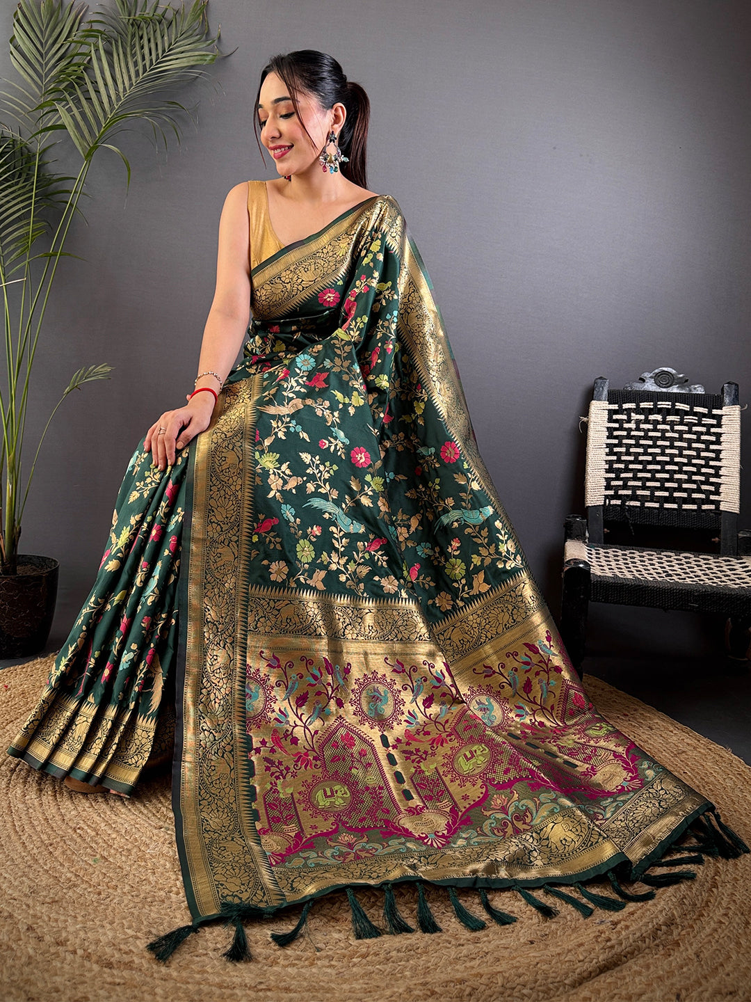 Green Kadi Minakari Banarasi Silk Saree by My Store