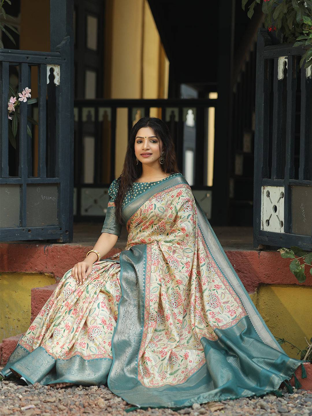 Cream Colour Phulkari Design Zari Weaving Pallu Saree - Luxe by My Store