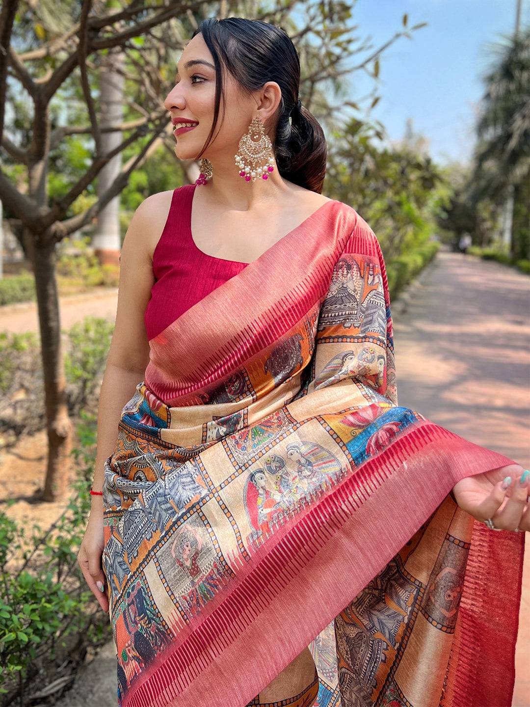 Bollywood Slub Tussar Silk Madhubani Kalamkari Block Print Saree by My Store