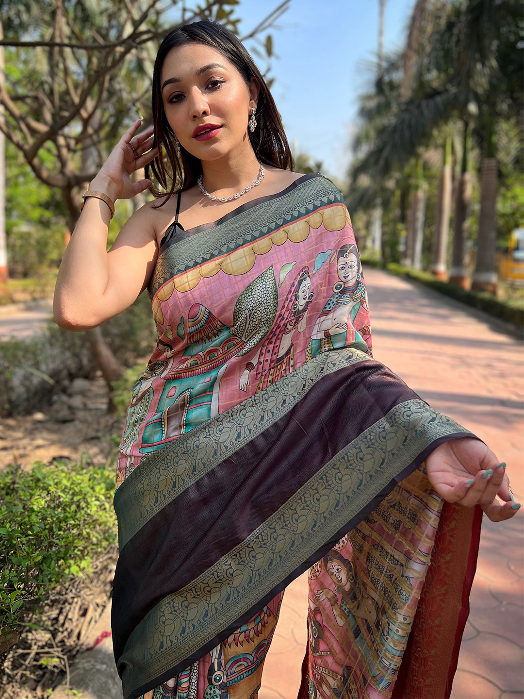 Pink Colour Double Border Chex Weaving Banarasi Soft Silk Saree by My Store