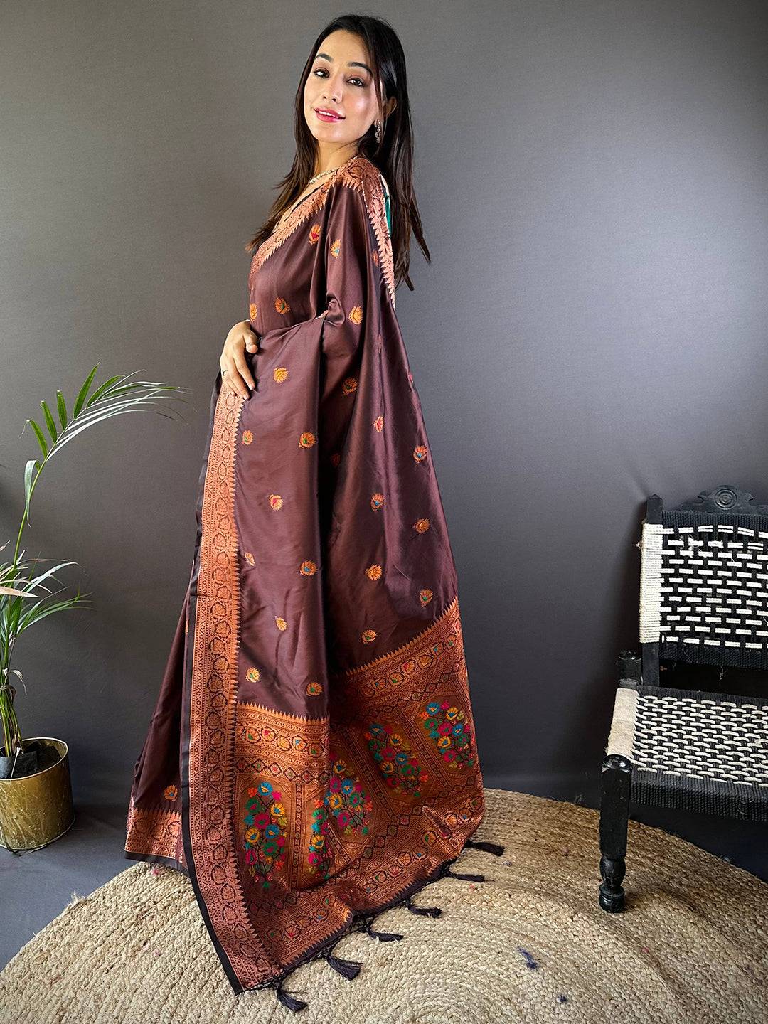 Brown Soft Silk Coppar Zari Weaving Saree by My Store