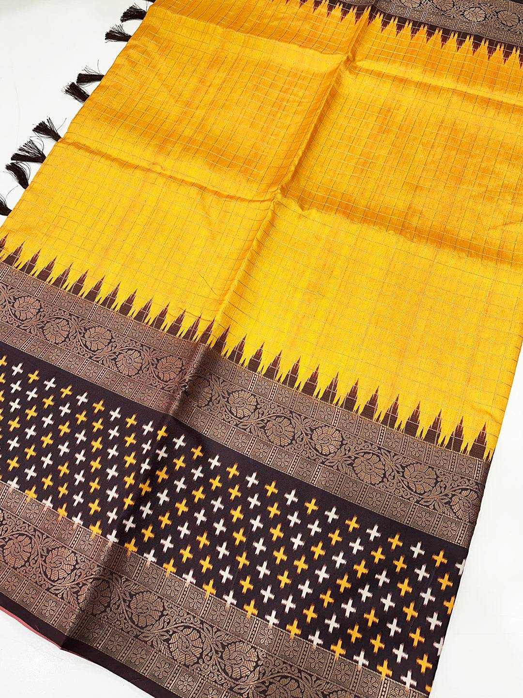 Yellow Chex Ikkat Saree With Double Border