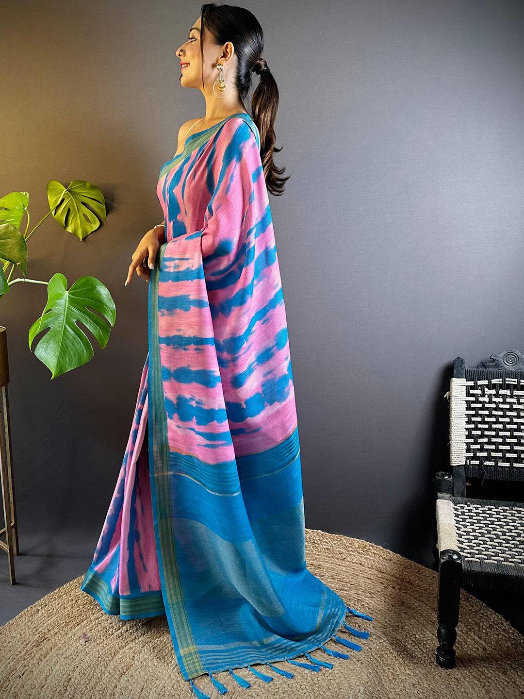 Pink Shibori Print Linen Saree by My Store