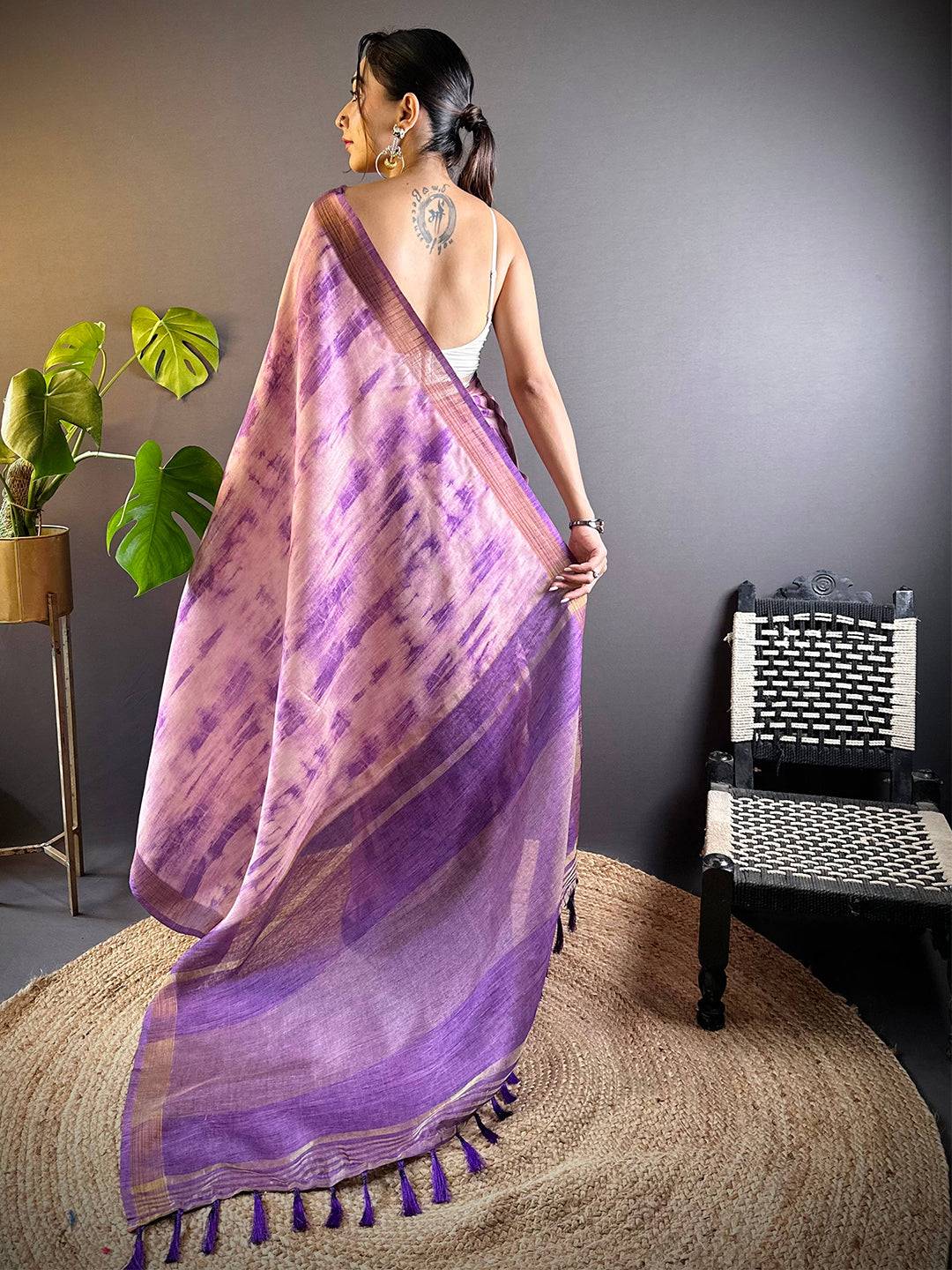Iris Shibori Print Linen Saree by My Store