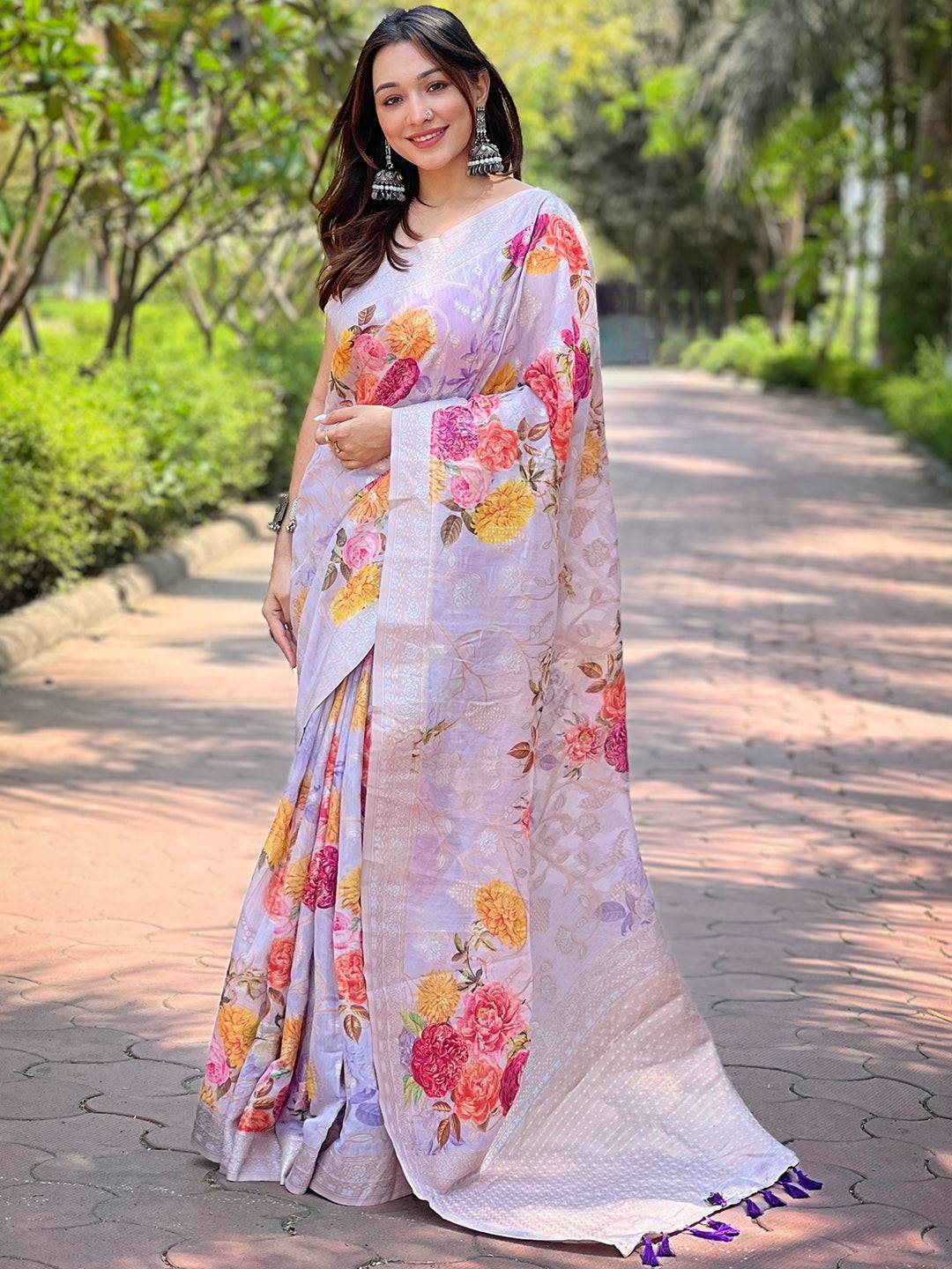Lavender Lakhnavi Bandla Zari Weaving Saree by My Store