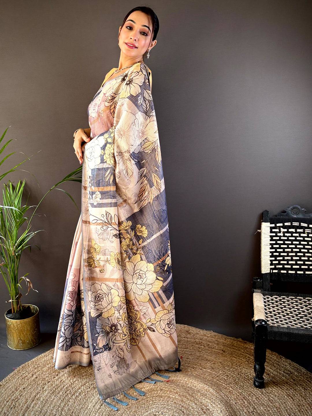 Stone Blue Tussar Floral Saree by My Store