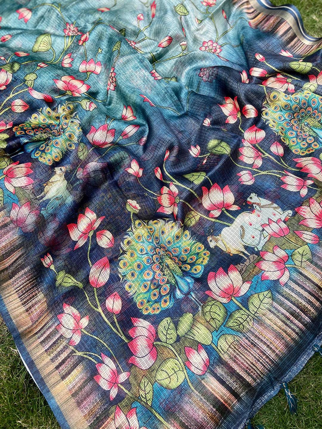 Trendy Soft Kota Doriya Silk Saree With Pichwai Prints and Rich Pallu