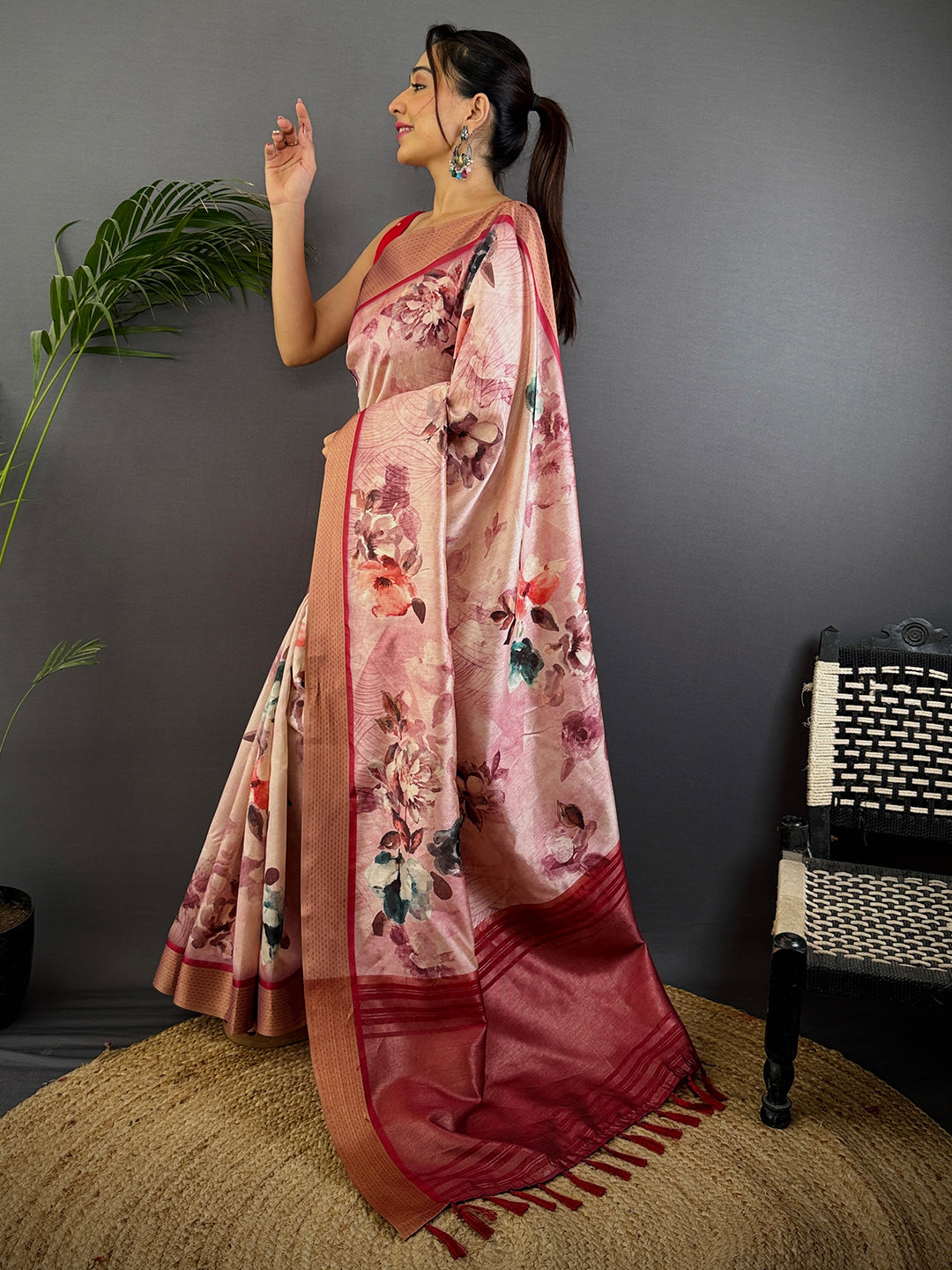 Radiant Pink Tussar Silk Digital Print Saree by My Store