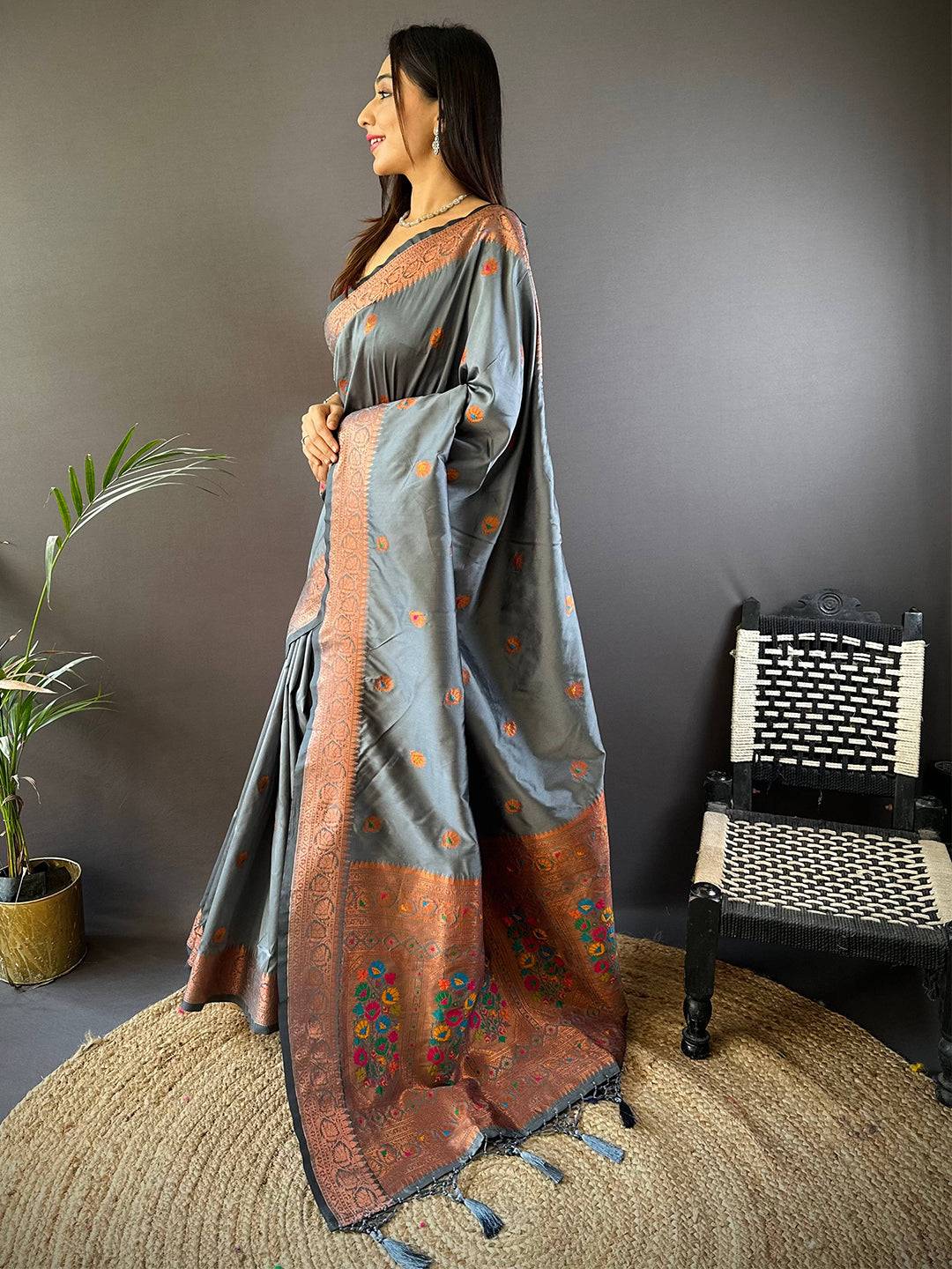 Grey Soft Silk Coppar Zari Weaving Saree by My Store