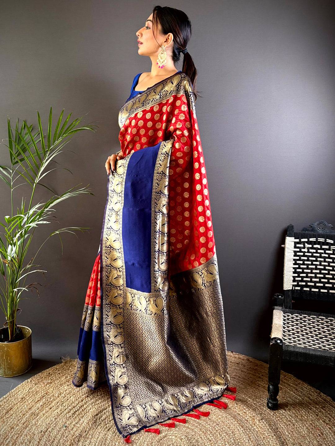 Red Banarasi Silk Saree With Pattu Zari Border by My Store