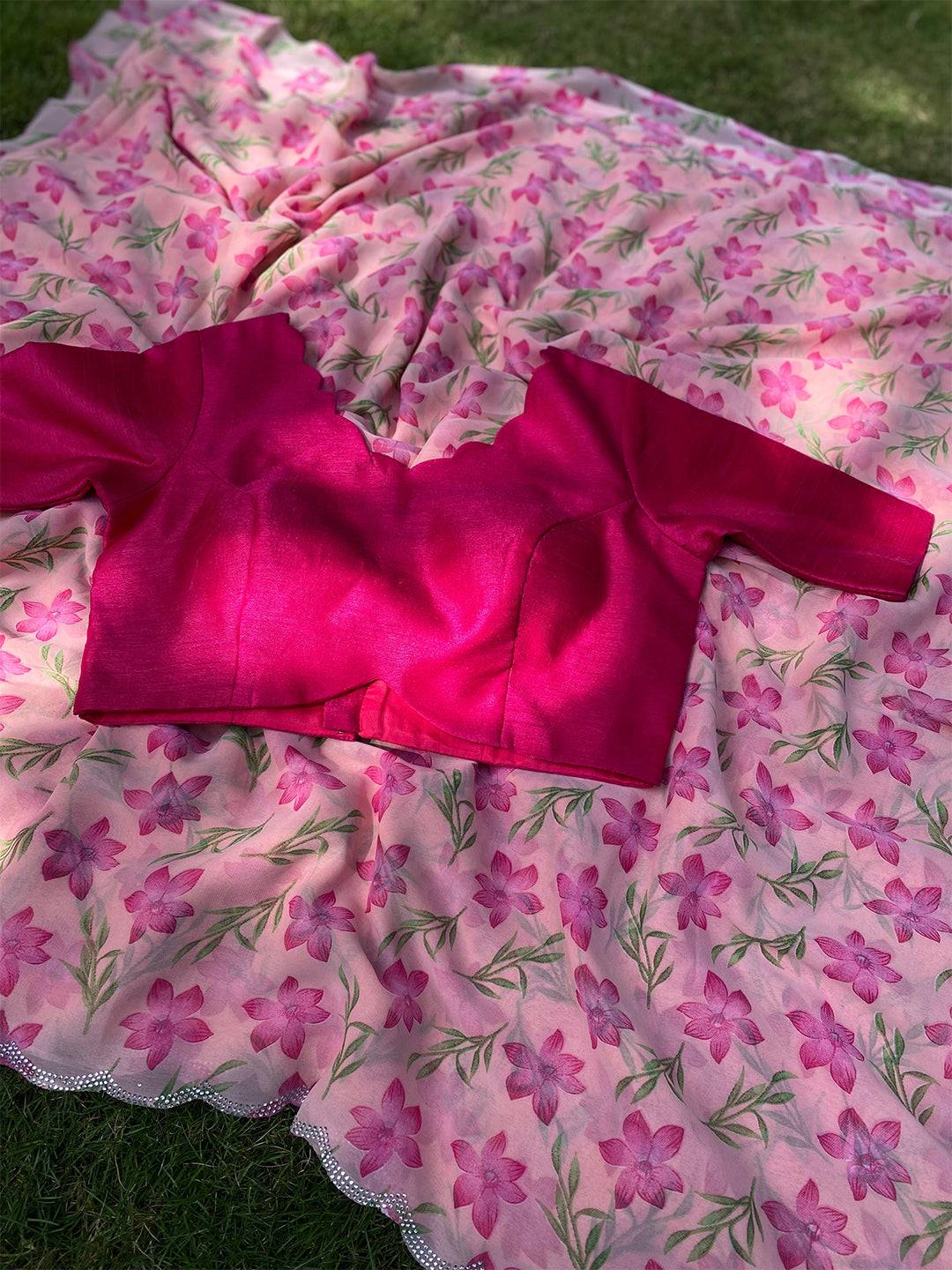 Peach Pure Georgette Floral Print Swaroski Cut Work Border Saree by My Store