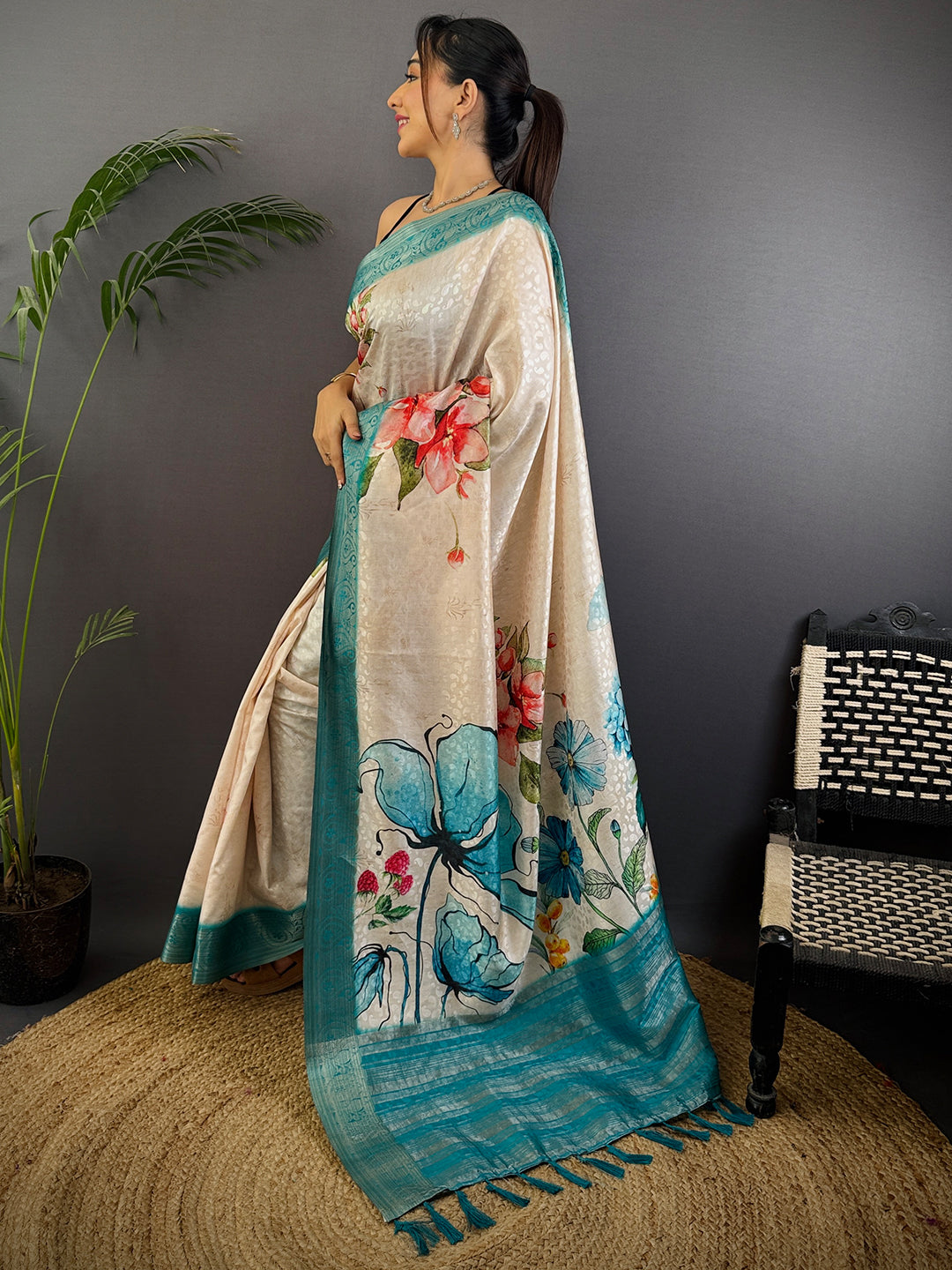 Light Cream Digital Print Soft Dola Silk Saree by My Store