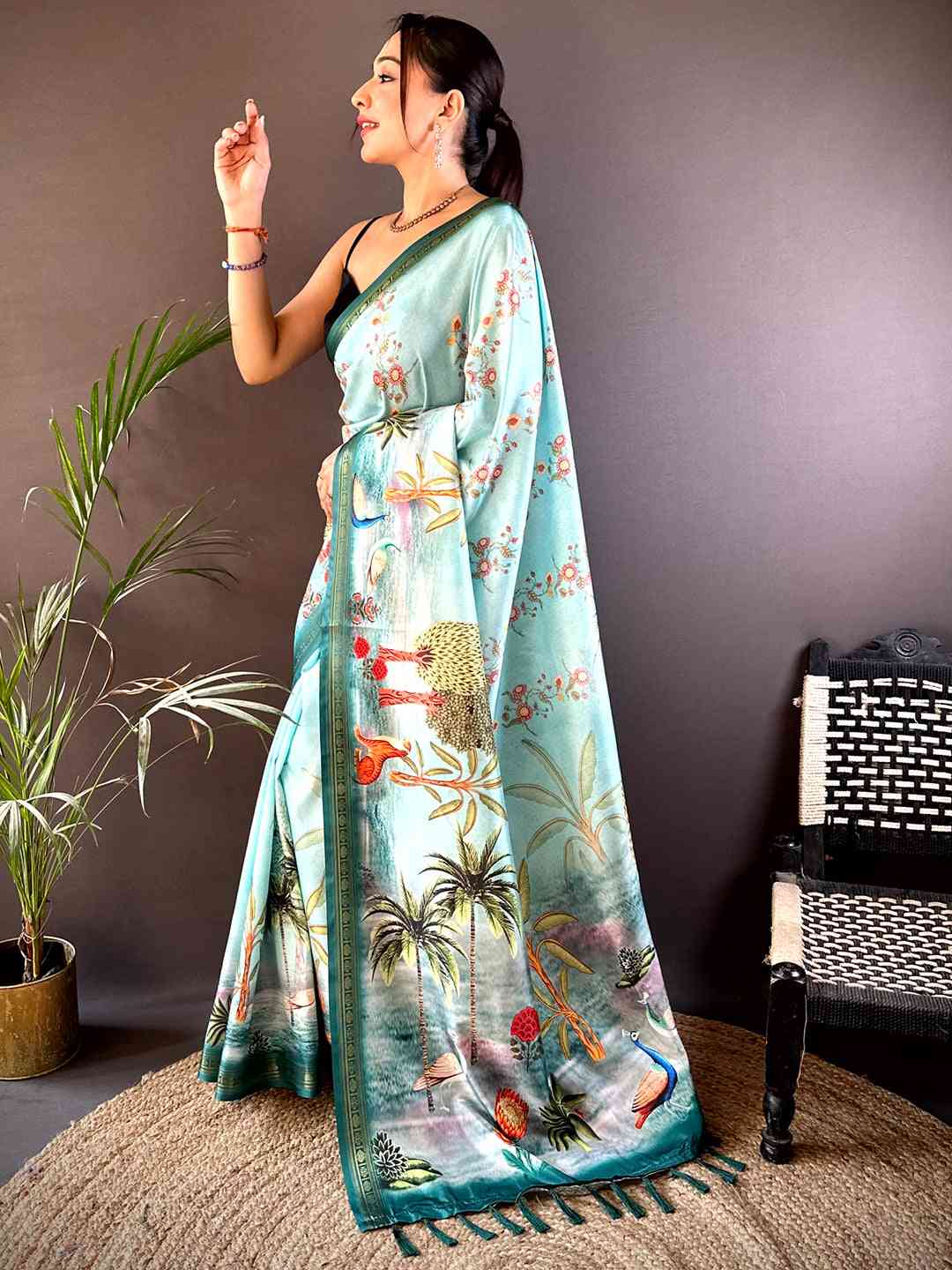 Sky Blue Jungle Printed Silk Saree by My Store