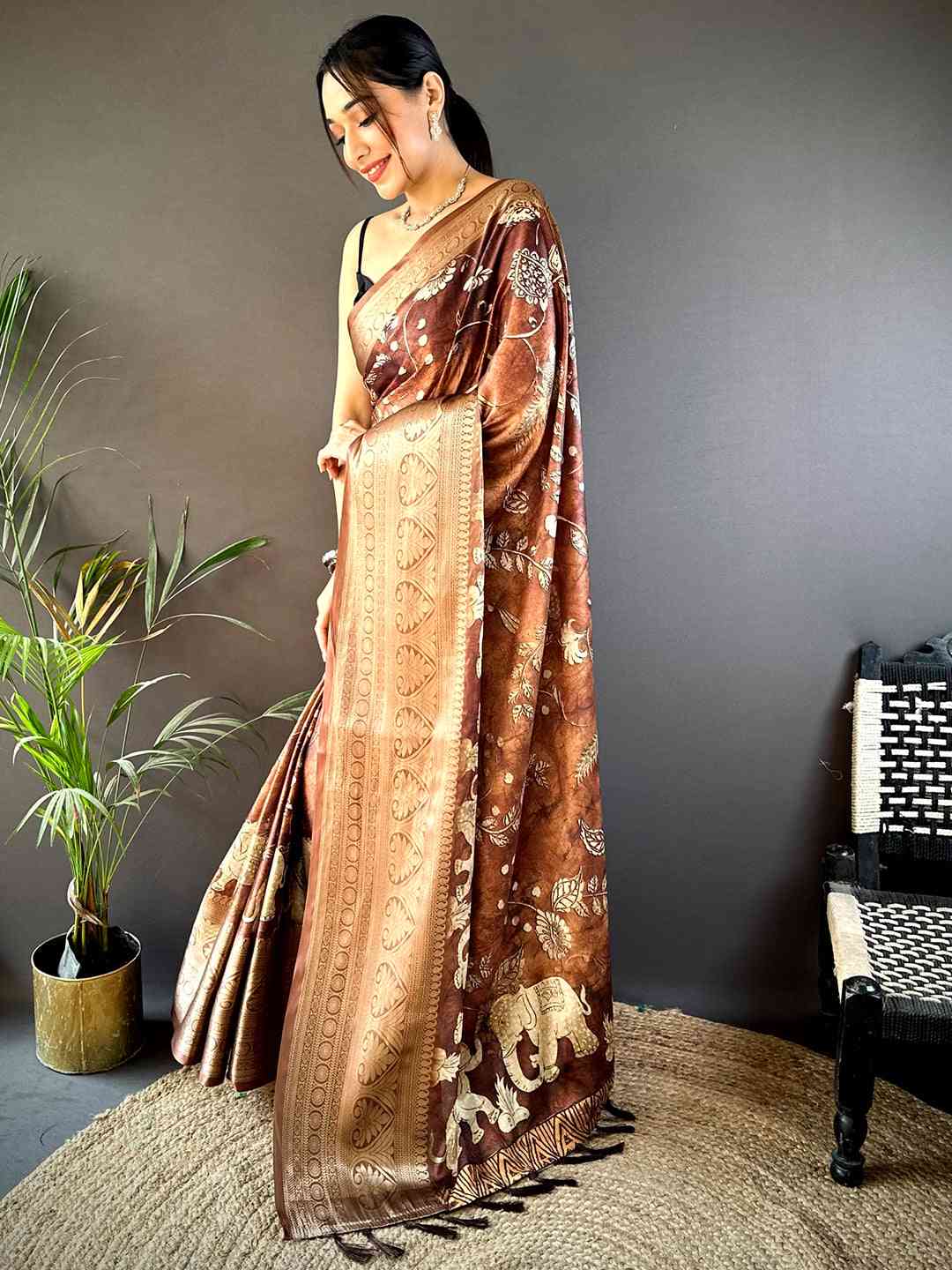 Brown Soft Silk Animal Bandhej Saree by My Store