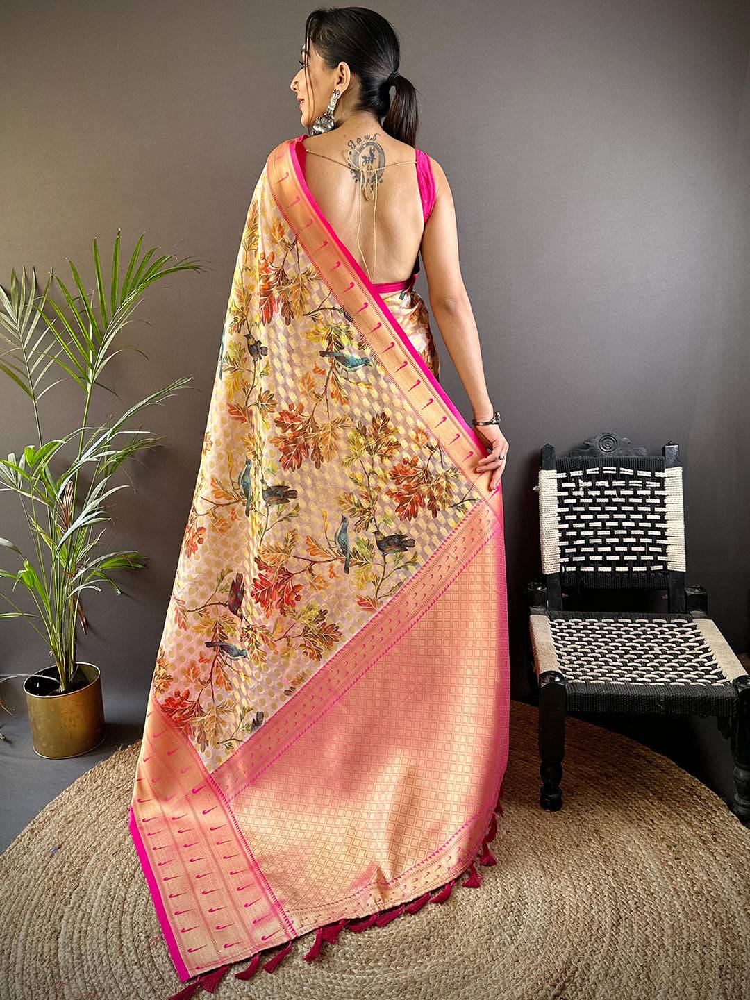 Light Beige Paithani Kora Silk Saree by My Store