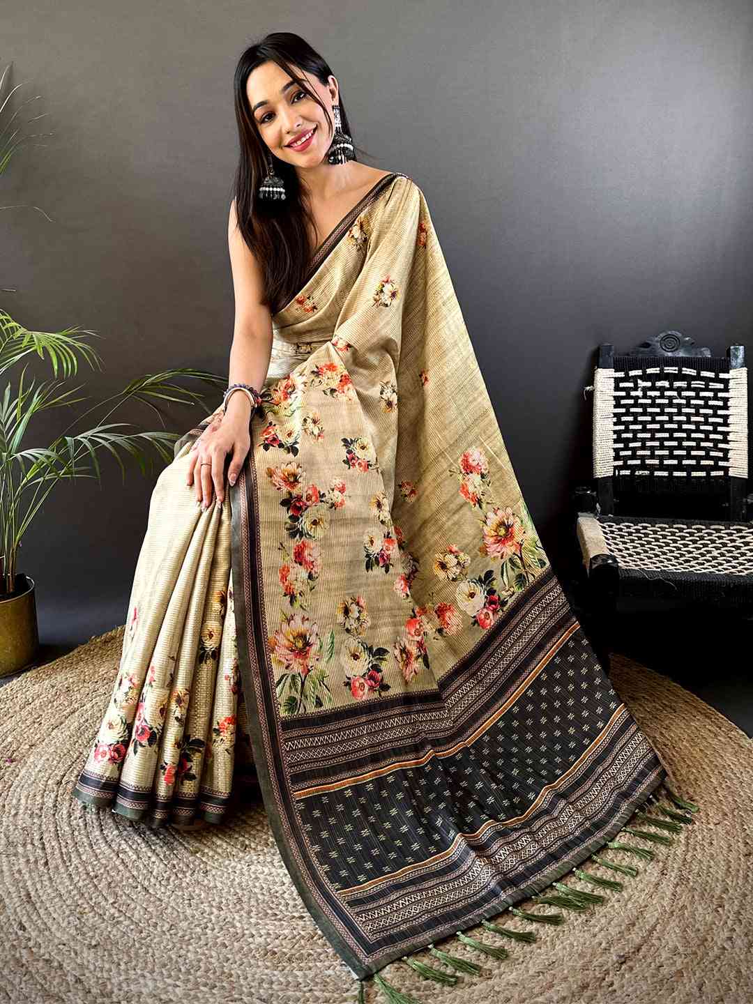 Floral Beauty in Beige Tussar Zari Saree by My Store