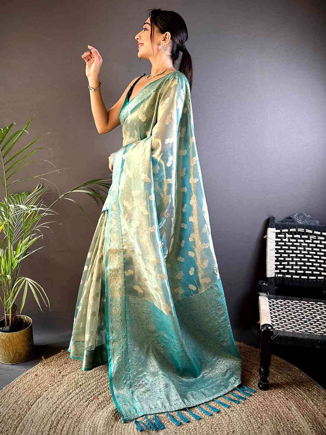 Elegant Teal Kora Tissue Saree by My Store