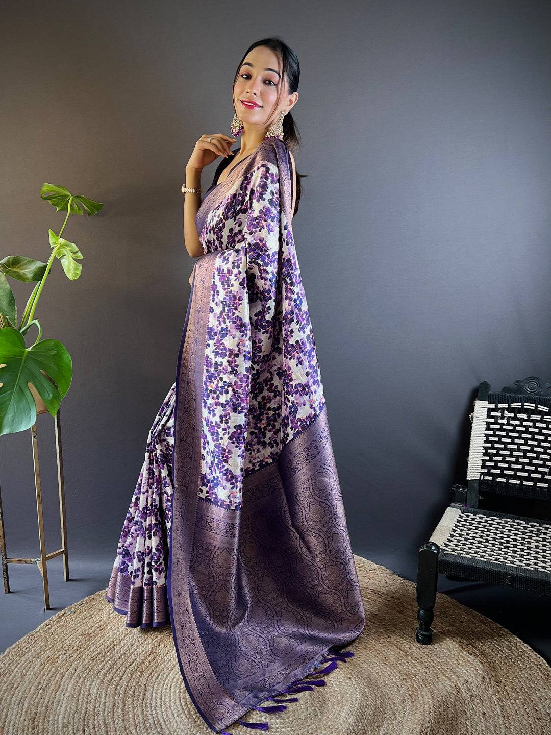 Radiant in Purple Floral Print Saree by My Store