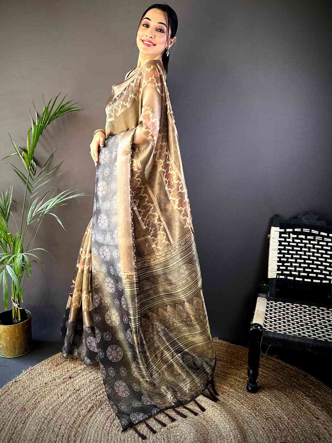 Light Maroon Tissue Striped Digital Printed Saree by My Store