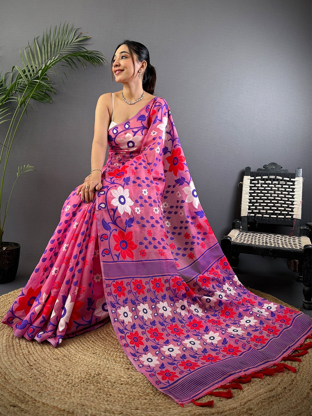 Rose Pink Dhakai Jamdani Cotton Silk Saree by My Store