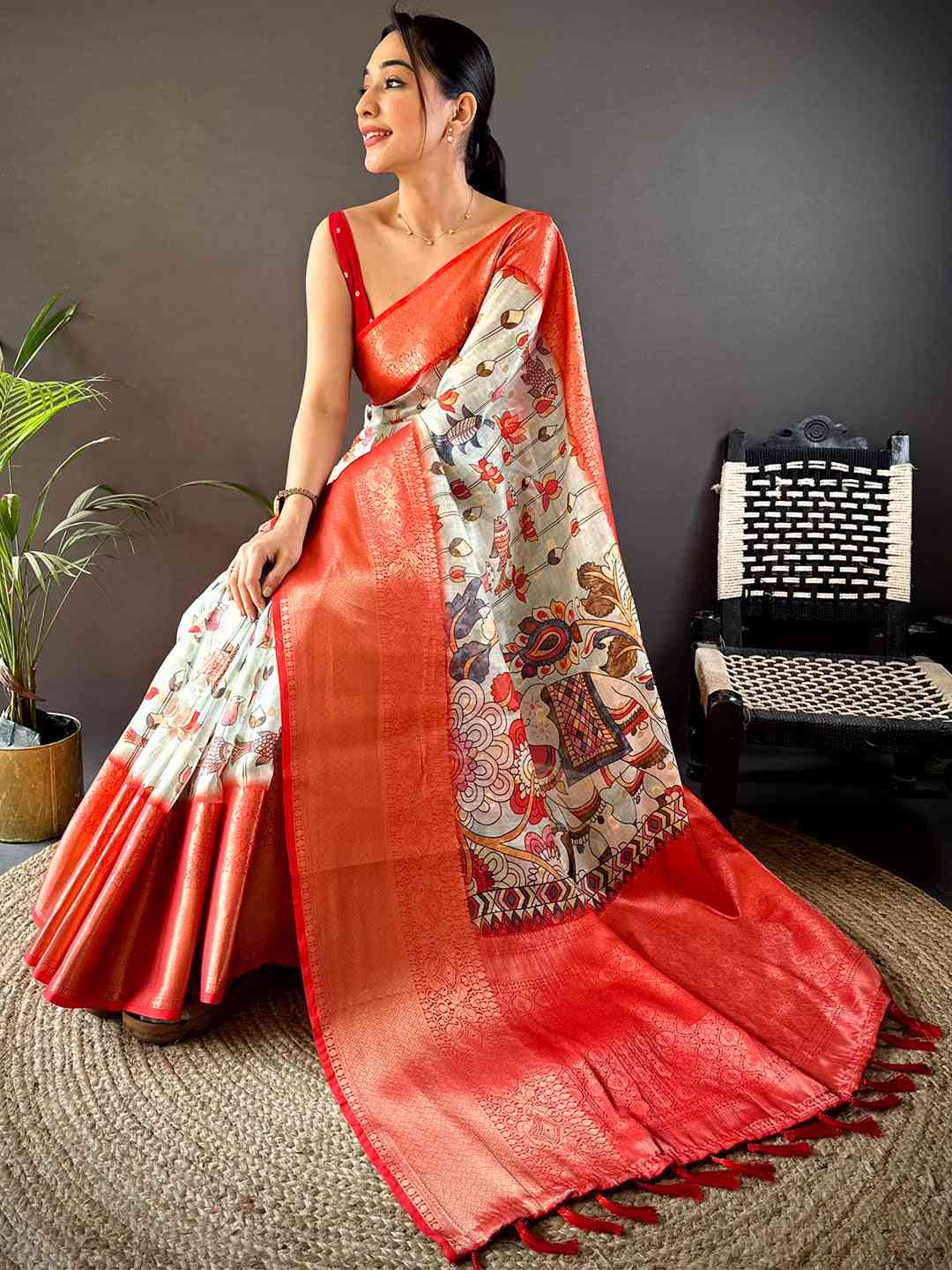 Pista Floral Kalamkari Kota Doriya Saree by My Store