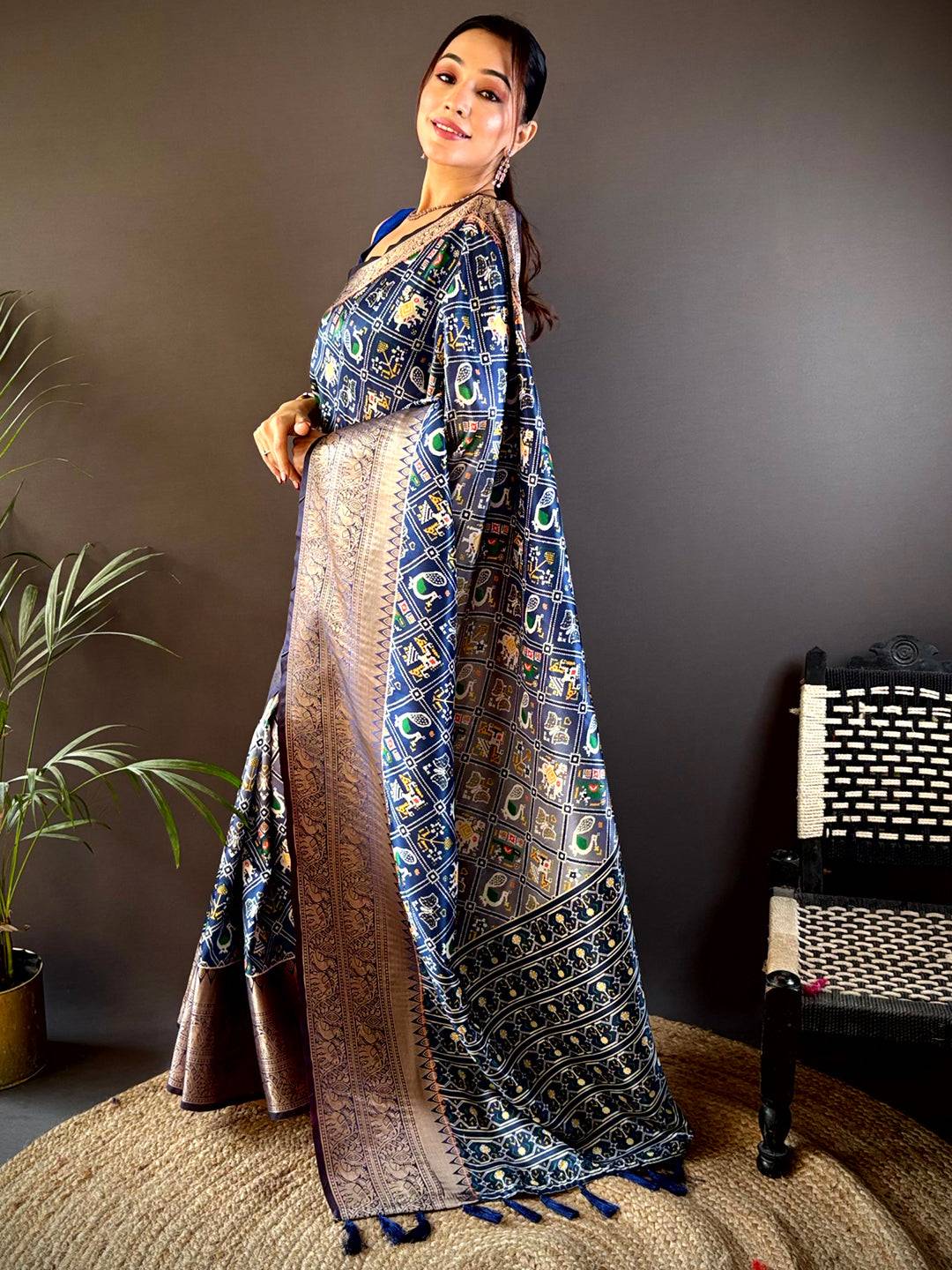 Ombre Navy Soft Silk Patola Print Saree by My Store
