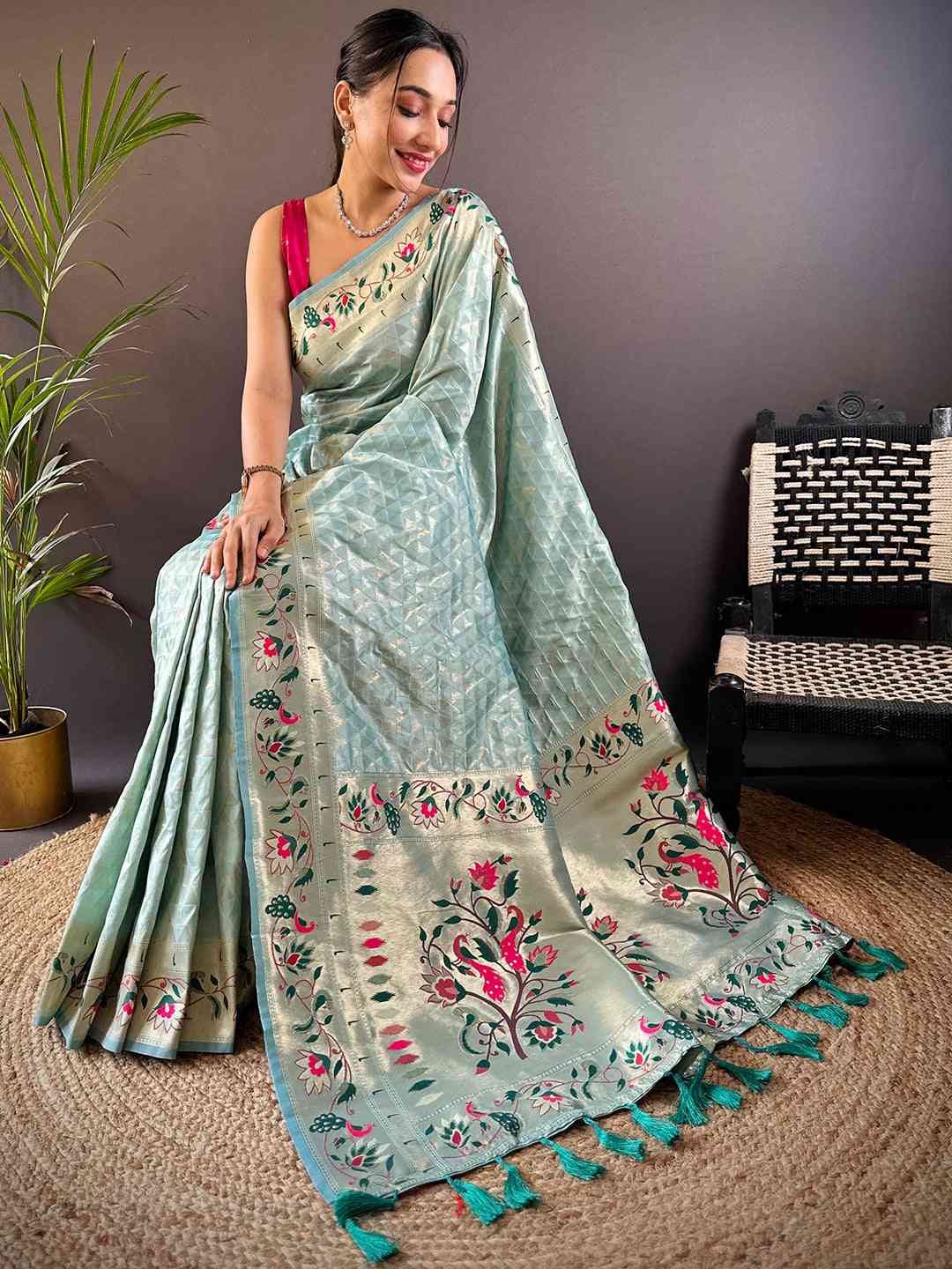 Sky Blue Silk Blend Woven Zari Work Paithani Saree