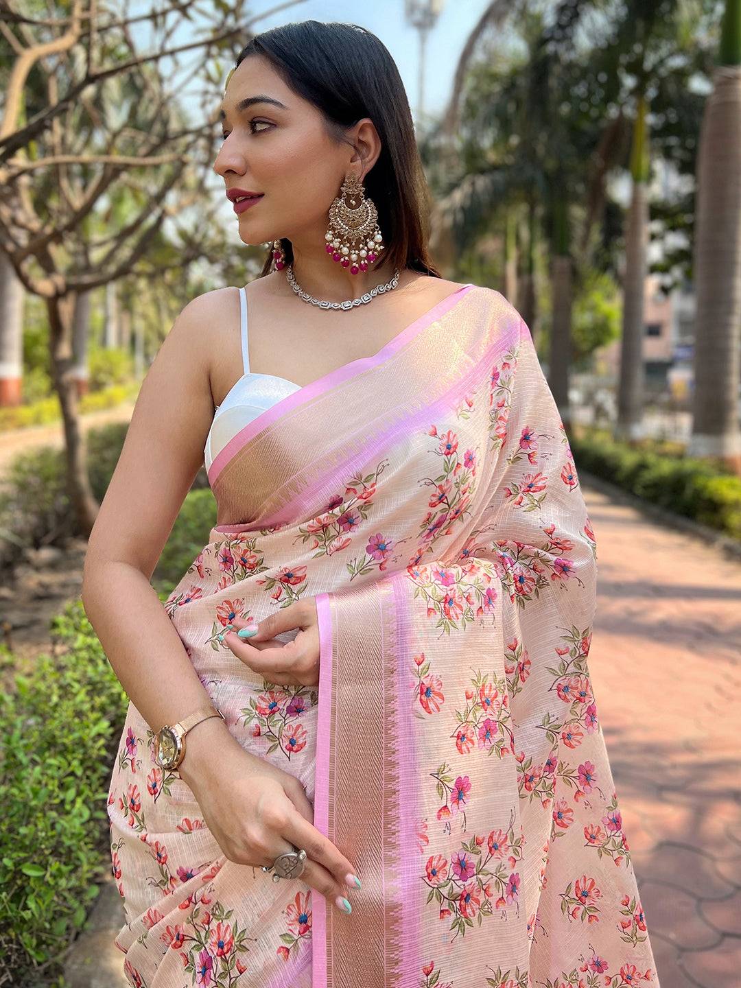 Peach Kota With Digital Floral Printed Saree by My Store