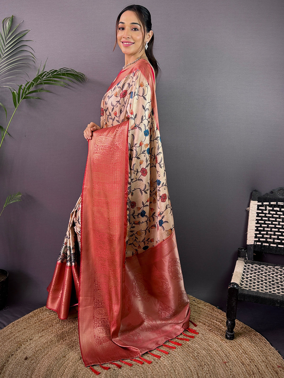 Cream Cherry Satin Kalamkari Saree by My Store