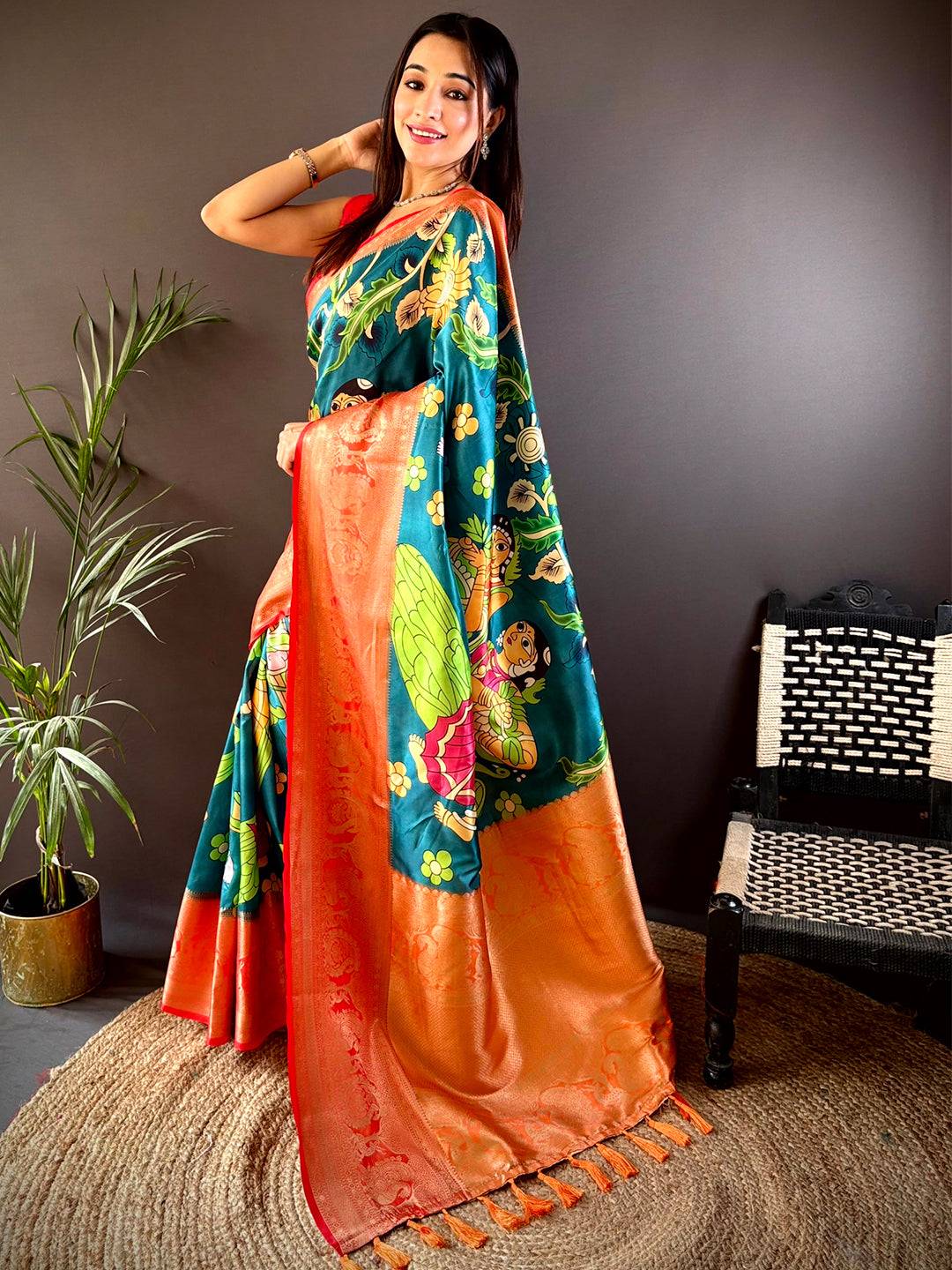 Rama Soft Silk Saree With Pichwai Kalamkari Print by My Store