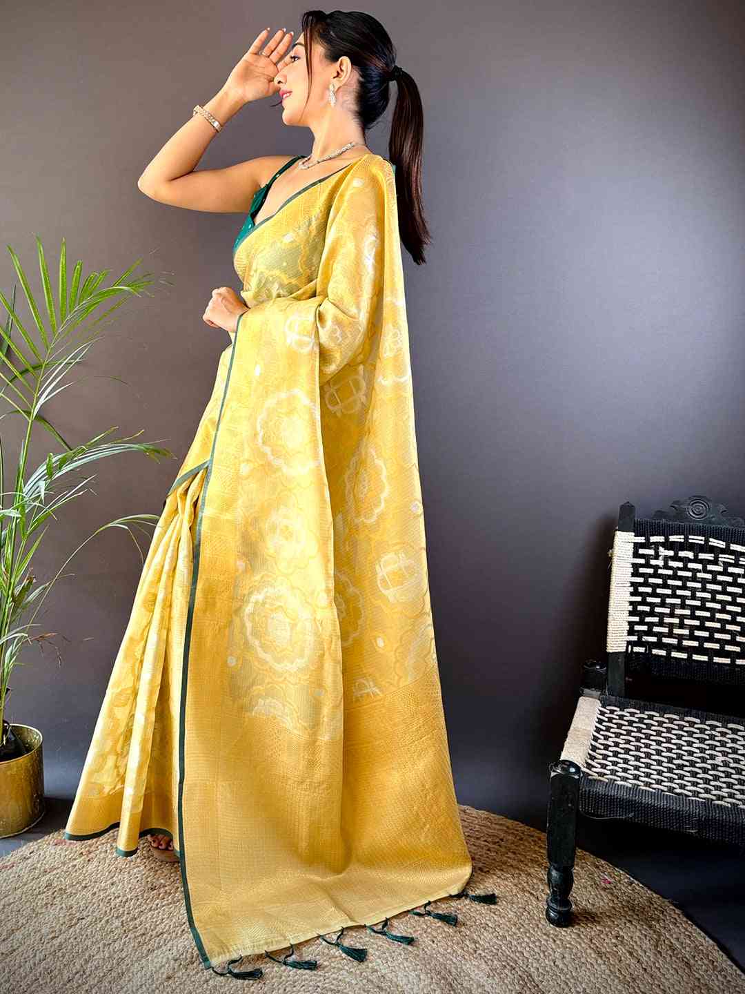 Minakari Floral Saree With Green Tassels by My Store