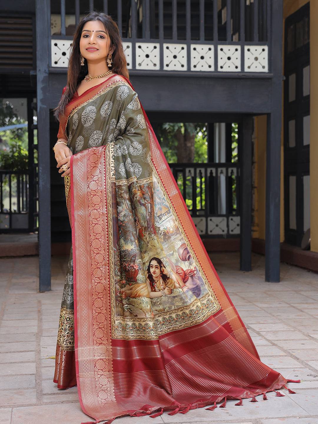 Olive Pure Viscose Dola Silk Saree With Kalamkari And Mughal Print - Luxe by My Store