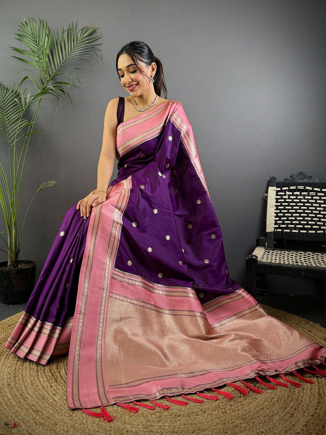 Vibrant Wine Soft Silk Floral Butta Saree