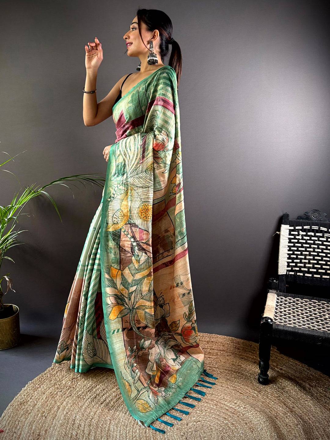 Steel Blue Tussar Silk Lush Botanical Prints Saree by My Store