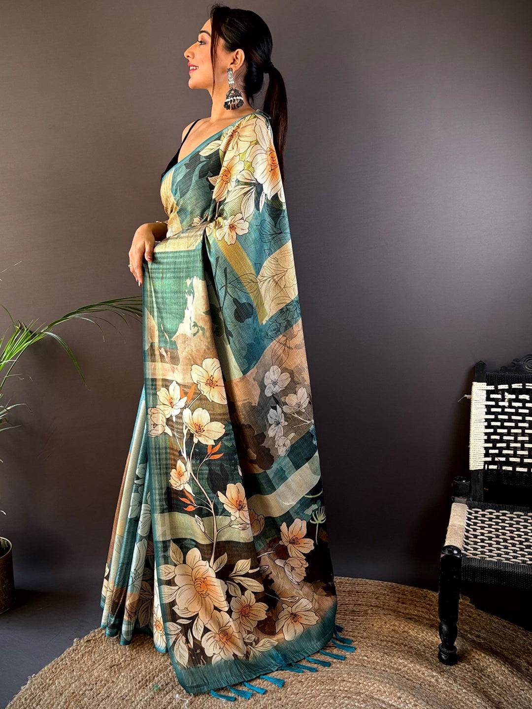 Teal Blue Semi-Gold Zari Abstract Tussar Saree by My Store